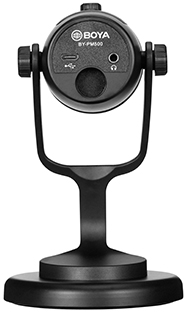 Schwarzes Mikrofon auf einem Ständer, mit USB- und Kopfhöreranschlüssen.
