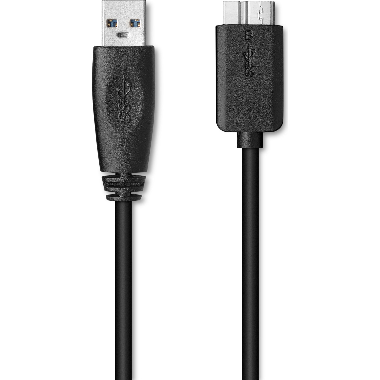 Standart ve mikro-USB konektörlü siyah bir USB kablosu.