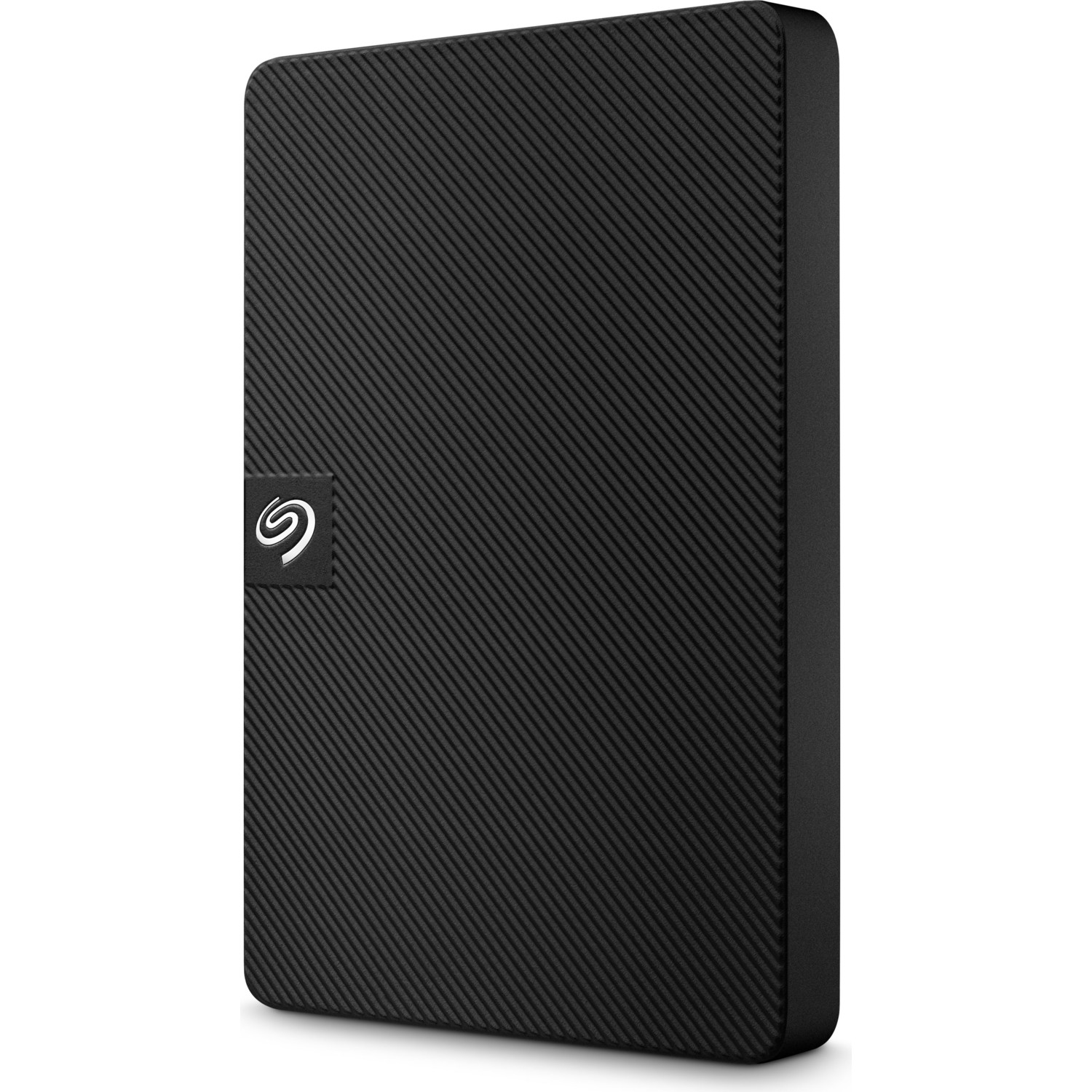 Dokulu yüzeye ve Seagate logosuna sahip siyah, dikdörtgen bir sabit disk.