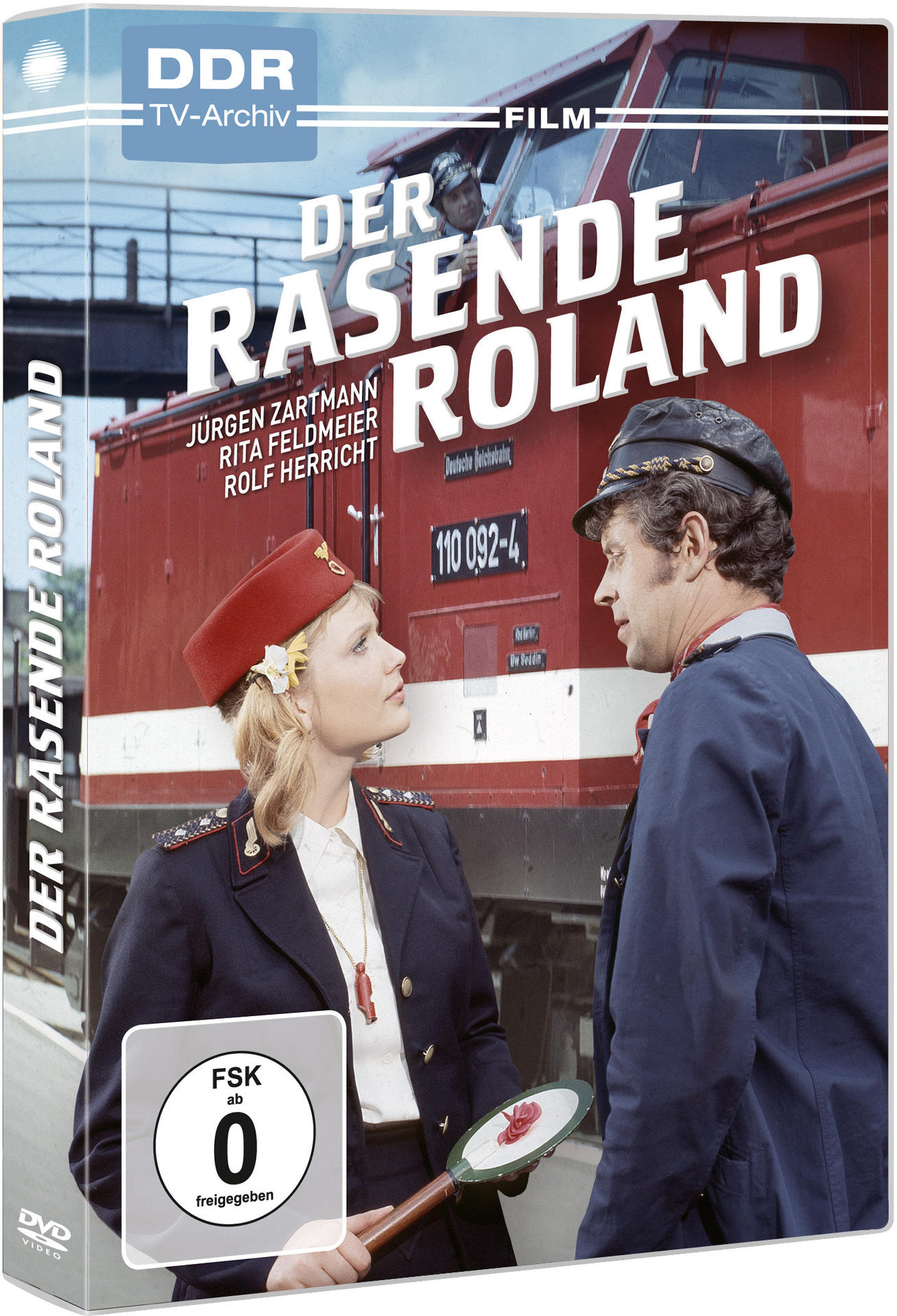 Film-DVD-Cover: Der Rasende Roland, mit Schauspielern und einem Zug.