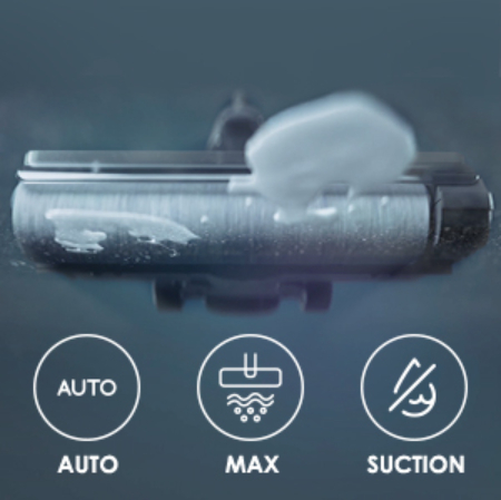 Nahaufnahme von Staubsaugerteilen. Zeigt AUTO-, MAX- und SUCTION-Symbole.