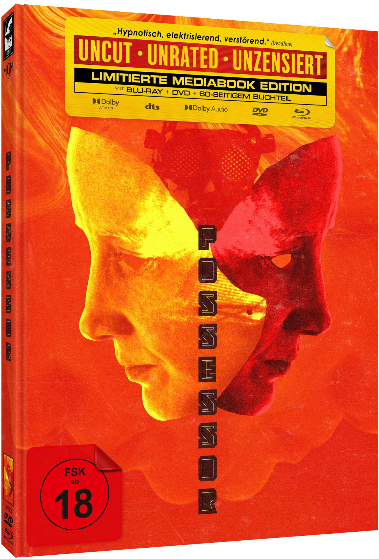 DVD-Cover für 'Possessor'. Es zeigt ein geteiltes Gesichtsdesign und den Text 'Uncut, Unrated, Unzensiert'.