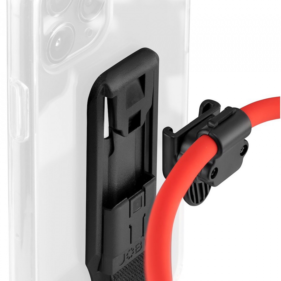 A black phone case with a clip and a red strap attached, against a white background.