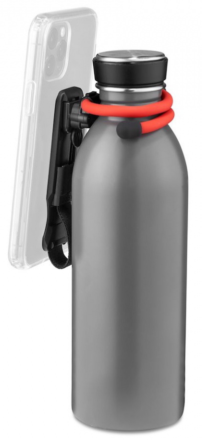 A phone is mounted on a bottle with a red strap. The phone is in a clear case.