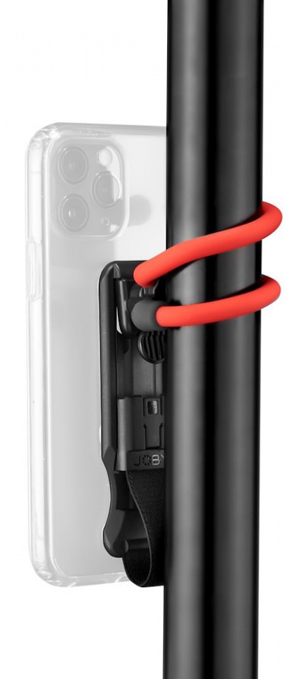 A phone is mounted on a black bar with a red flexible mount. The phone is transparent.