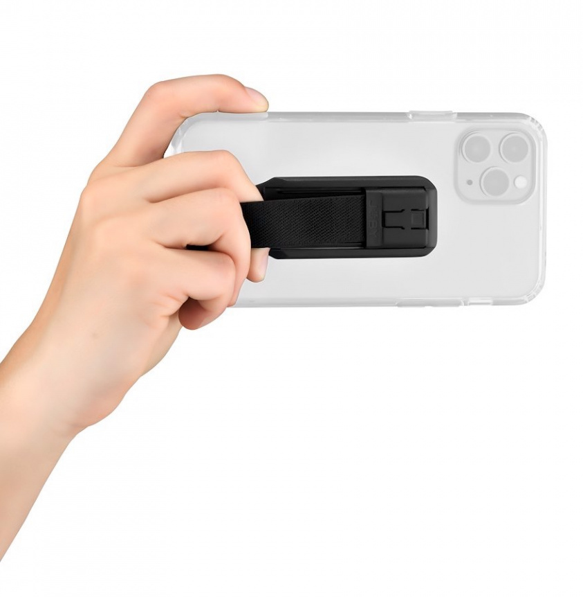 Hand holding phone with phone grip, black and mounted on the phone.