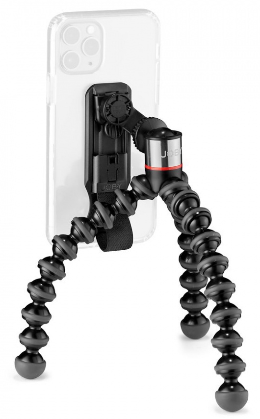 A black flexible tripod holding a phone. Tripod has flexible legs and a phone mount.