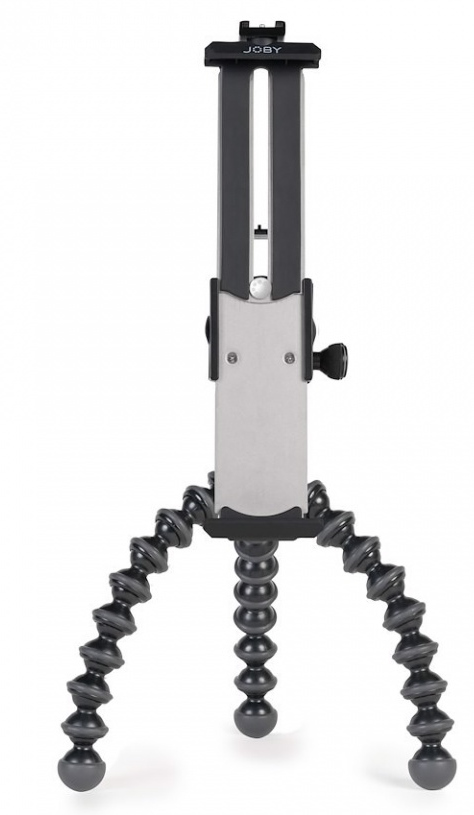 Zwart en grijs statief met flexibele poten en een kop voor een camera, op wit.