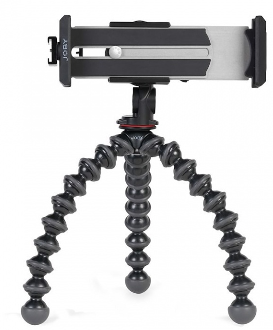 Zwart en grijs statief met flexibele poten en een telefoonhouder bovenop.