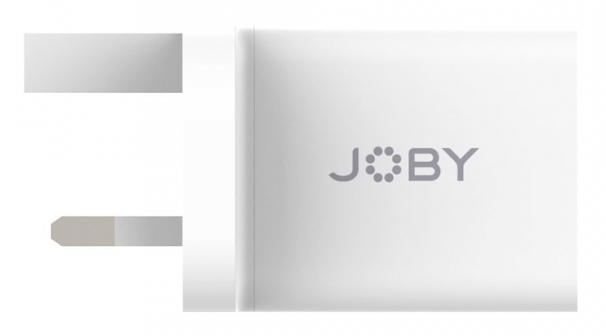 A white Joby charger with a rectangular plug and the Joby logo.