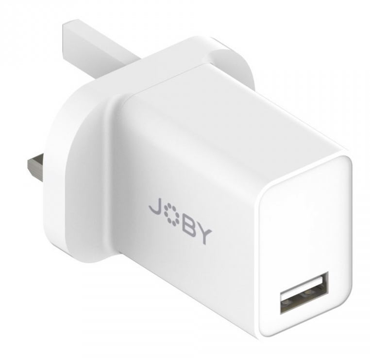 White Joby USB charger, three-pin plug design, USB port on the side.