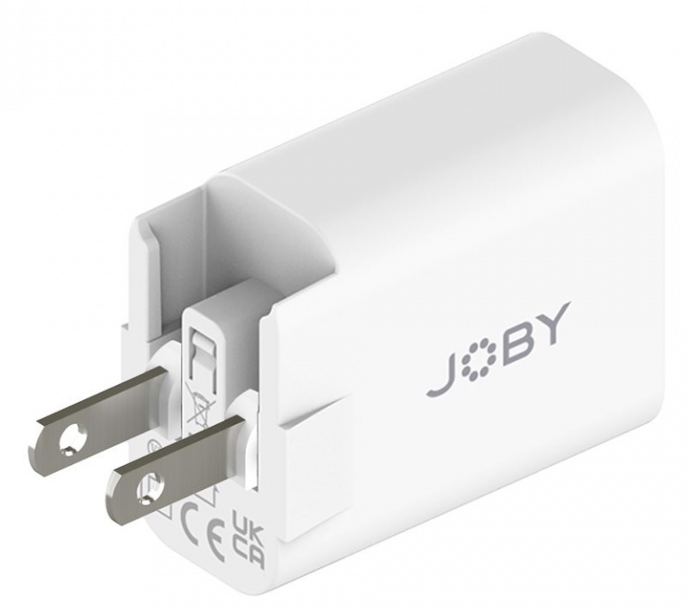 Witte oplader met Amerikaanse stekker en JOBY logo.