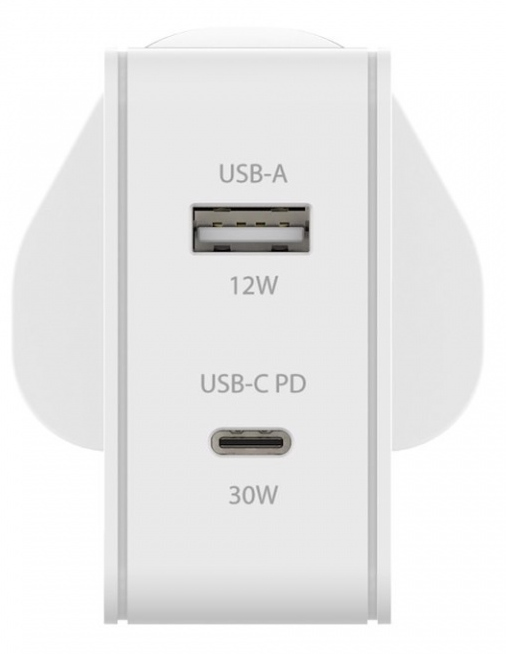 A white USB charger with two ports: USB-A 12W and USB-C PD 30W.