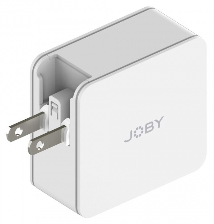 White power adapter with prongs, a rectangular shape, and the 'JOBY' logo.