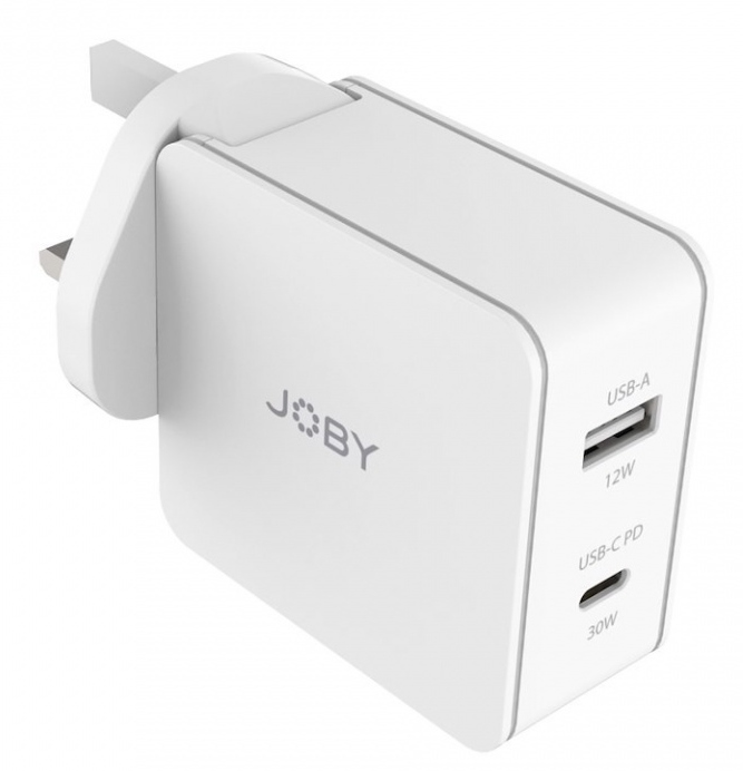 White USB charger with two ports. It has a plug for the UK and the brand name JOBY.