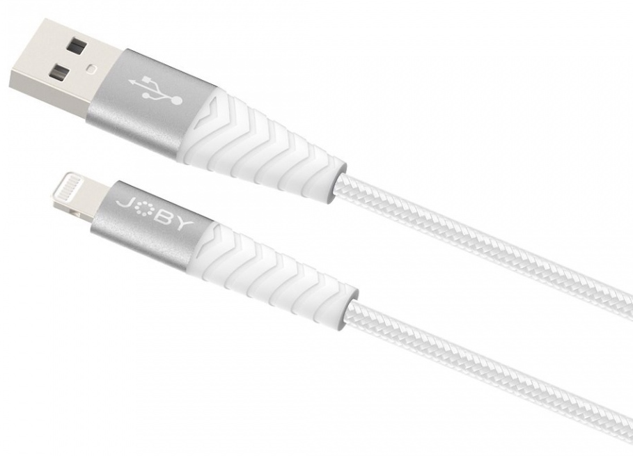 Câble blanc USB vers Lightning, câble blanc avec connecteurs argentés, incliné.
