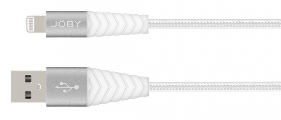 Un câble USB vers Lightning argenté et blanc, sur fond blanc.