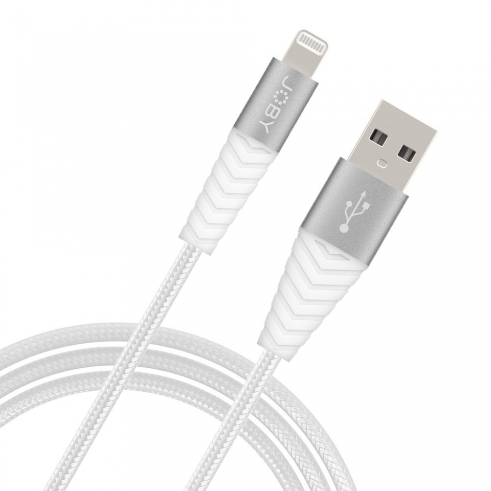 Câble de charge USB blanc et argenté. Connecteur Lightning à une extrémité, USB à l'autre. Câble tressé blanc.