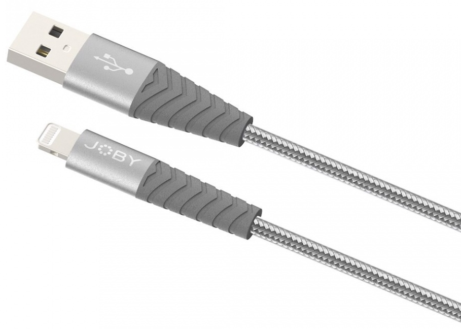 Câble USB vers Lightning. Câble gris avec connecteur gris et argenté. Fond blanc.
