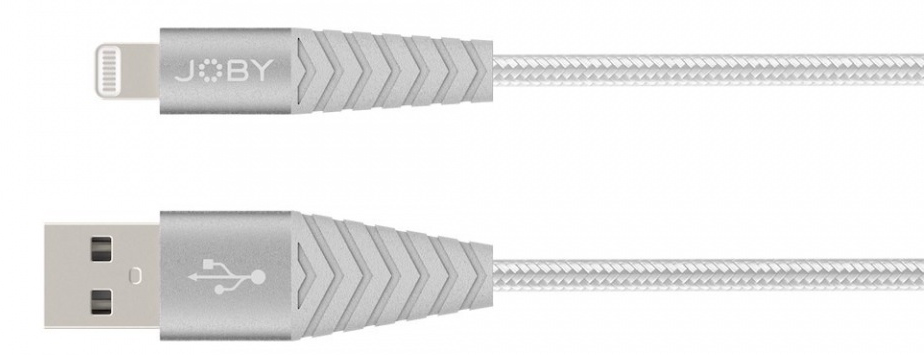 Zilveren USB naar Lightning-kabel met een textuurontwerp, geïsoleerd op wit.