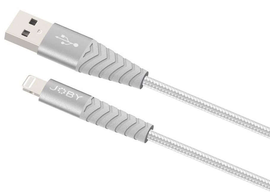 Een zilveren USB naar lightning-kabel. De kabel is grijs.