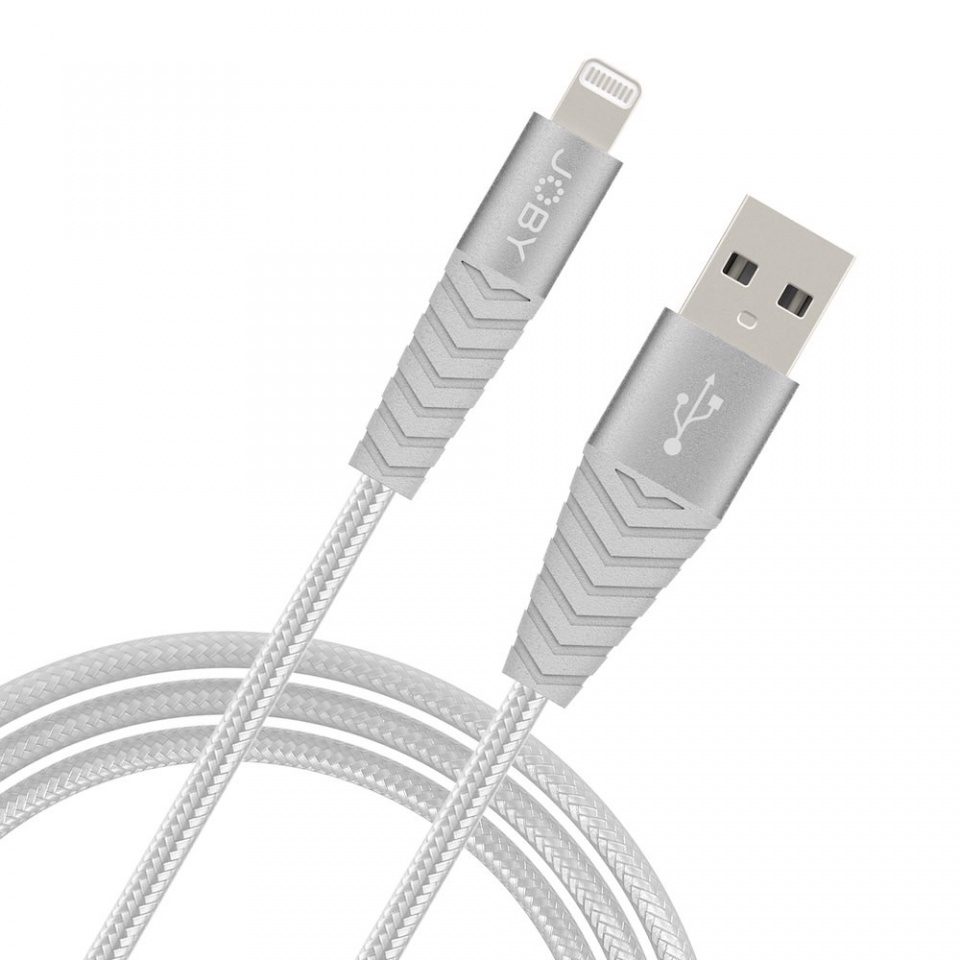 Zilveren en witte oplaadkabel met Lightning- en USB-connectoren.