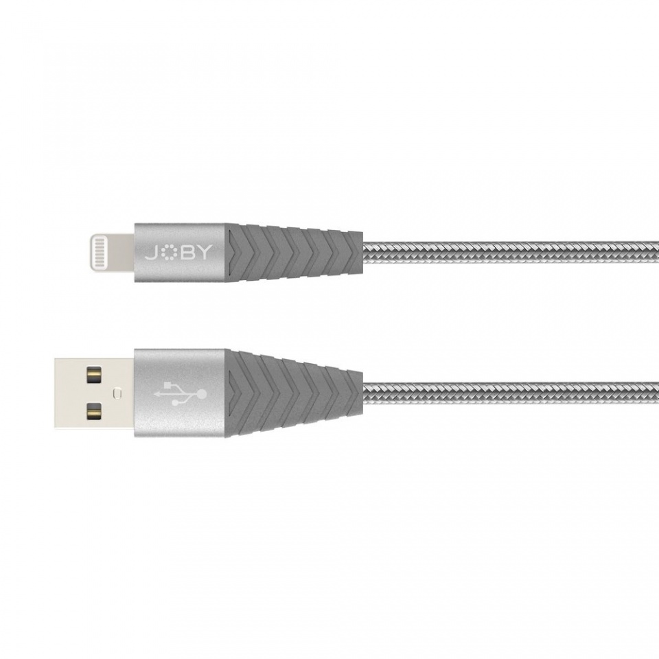 Câble USB vers Lightning argenté avec détails gris, extrémités face au spectateur.