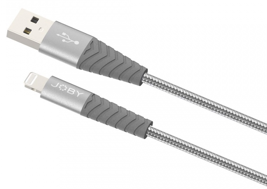 Câble USB vers Lightning argenté et gris, avec le logo JOEY sur les connecteurs.