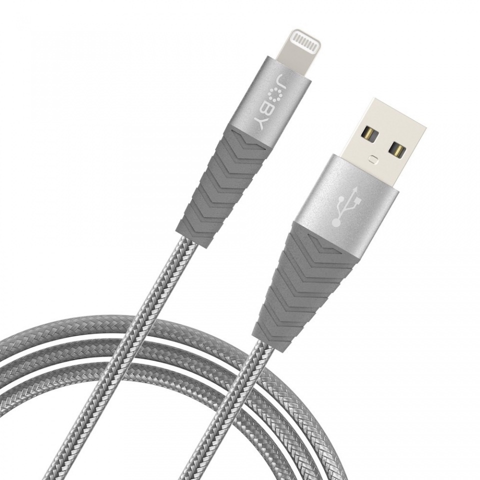 Un câble USB vers Lightning argenté et gris. Les deux extrémités sont visibles, une USB et l'autre Lightning.