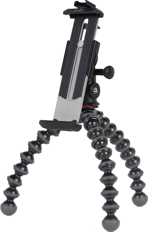 Zwart en grijs statief. Flexibele poten, zwarte basis en kop met telefoonhouder.
