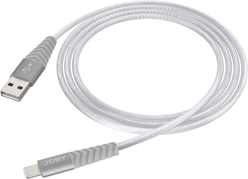 Een witte USB-kabel met grijze uiteinden, het merk is Joby.