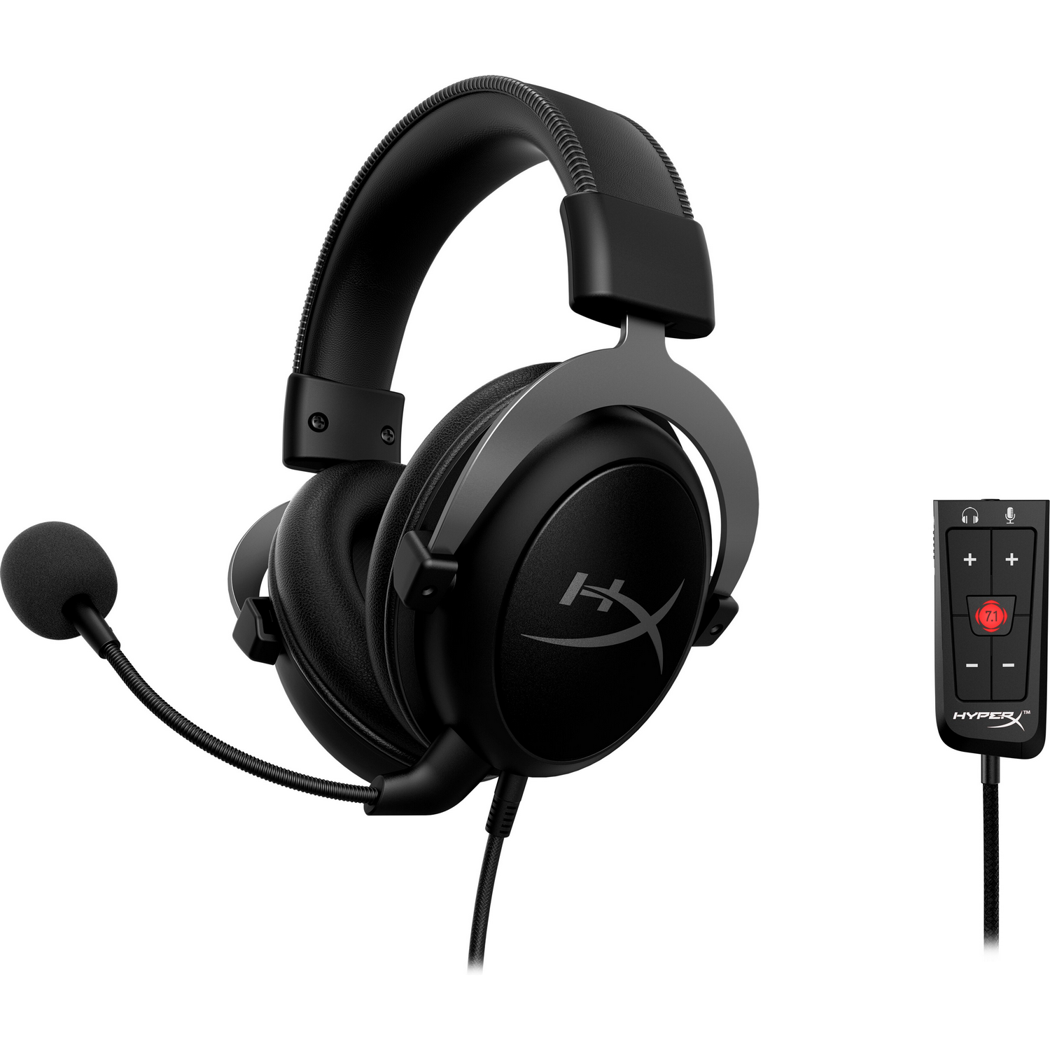 Auriculares negros con micrófono y unidad de control. Texto: HYPERX.