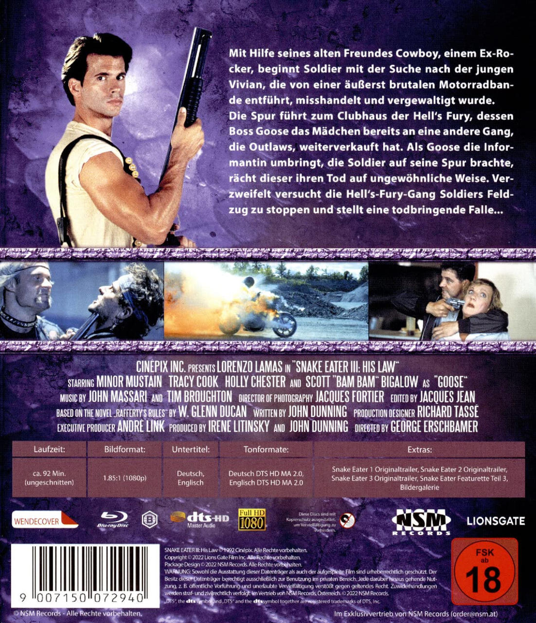 Filmcover mit Mann mit Schrotflinte, Text auf Deutsch und Bildern aus dem Film.