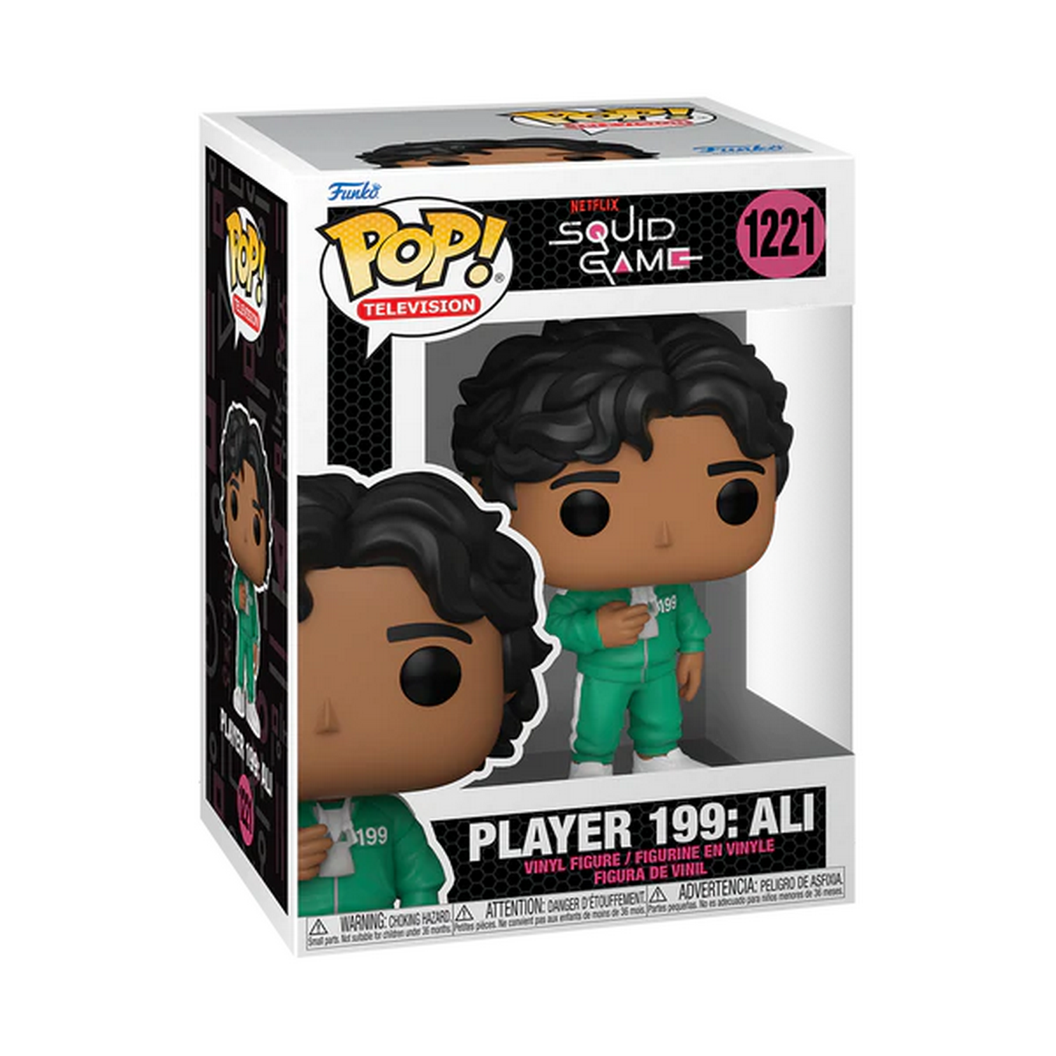 Figura Funko Pop! en caja del personaje de 'Squid Game', Jugador 199: Ali. La figura lleva un chándal verde.