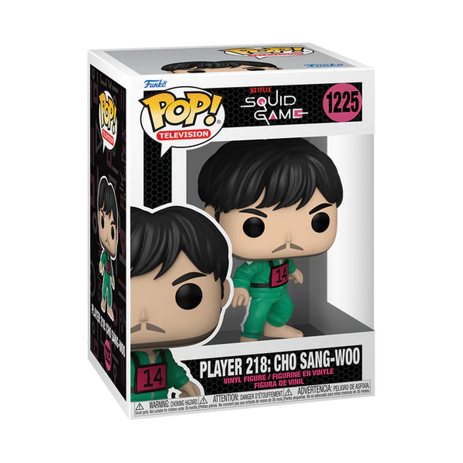 Una figura Funko Pop del Jugador 218 de la serie El Juego del Calamar, en caja.