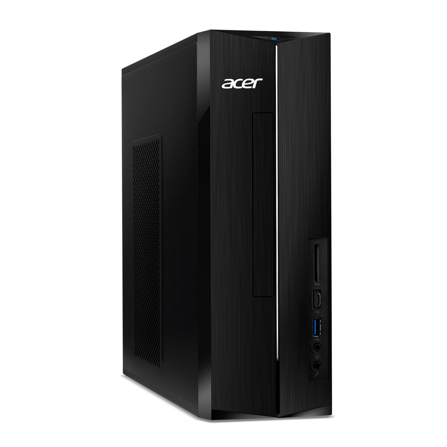 Ordenador de sobremesa negro con el logotipo de Acer. Tiene un botón de encendido y puertos. Fondo negro.