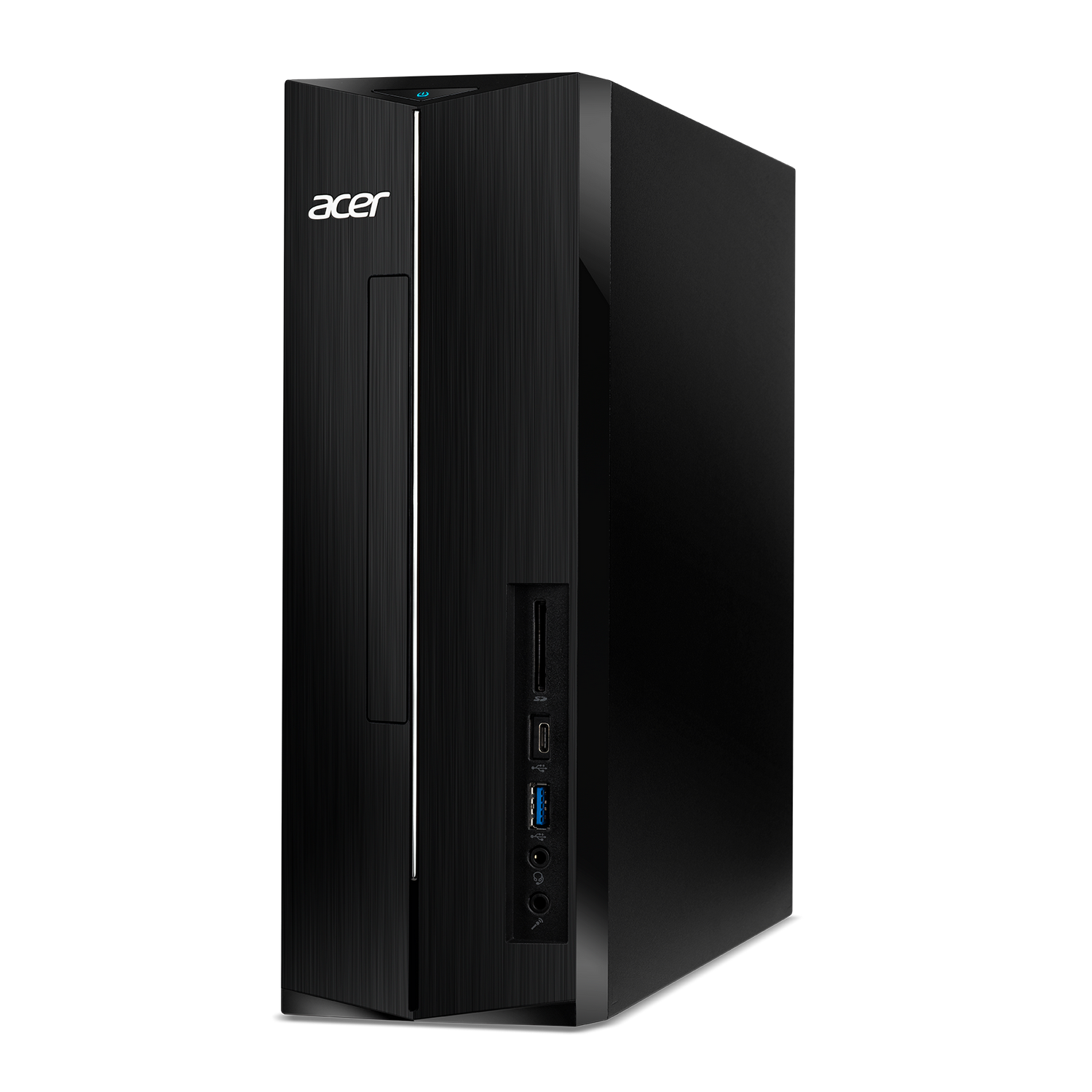 Ordenador de sobremesa Acer negro, vista frontal, fondo negro.