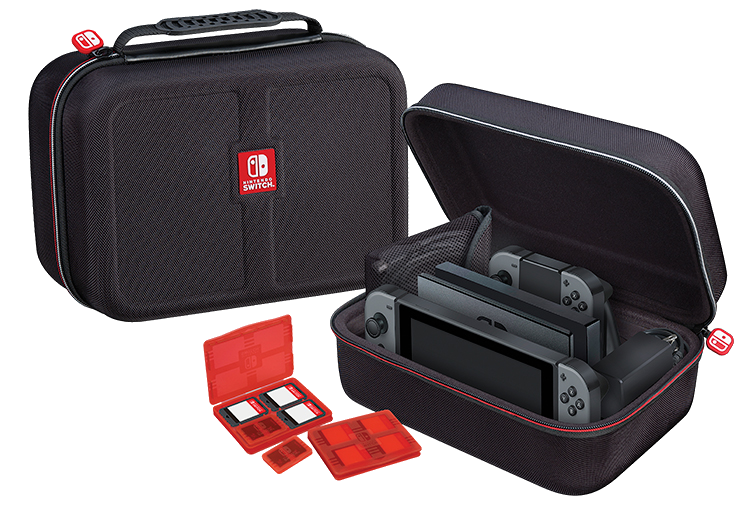 Deux étuis Nintendo Switch, un ouvert. Cartouches de jeu et consoles dedans.