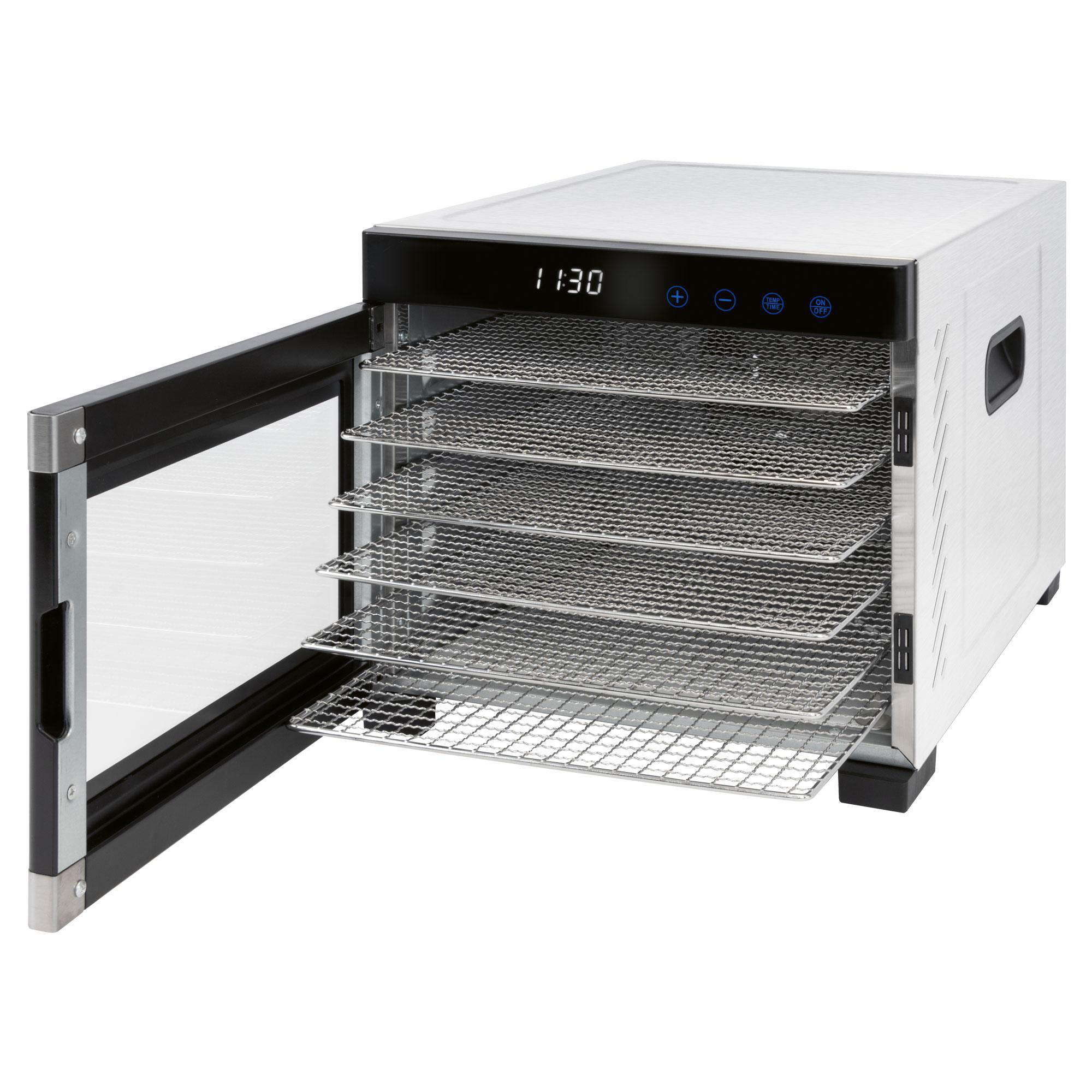 Dehydrator mit offener Tür, zeigt Metallregale. Die Maschine ist weiß mit Digitalanzeige und schwarzen Akzenten.