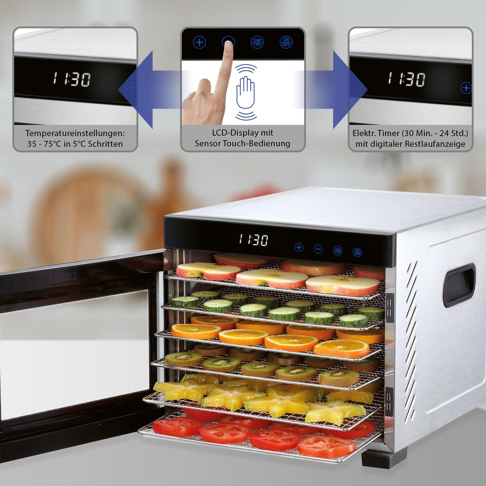 Ein Dörrgerät mit offener Tür, das Essen auf Tabletts zeigt. Ein digitales Display befindet sich oben.