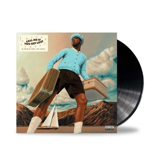 Vinyl-Schallplattenhülle. Ein Mann hält Gepäck vor surrealem Landschaftshintergrund.