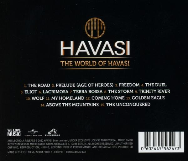 Die Rückseite einer CD-Hülle. Der Titel lautet 'The World of Havasi' mit einer Titelliste darunter.