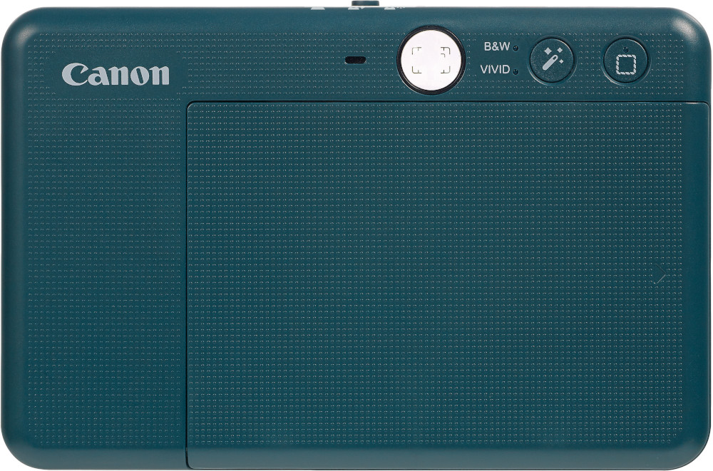 Teal Canon camera, buttons, lens area, and Canon logo are visible.