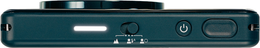 Close-up of a teal camera's bottom. It has a switch and button.