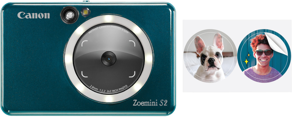 Canon camera with two attached photo stickers. One with a dog, one with a person.