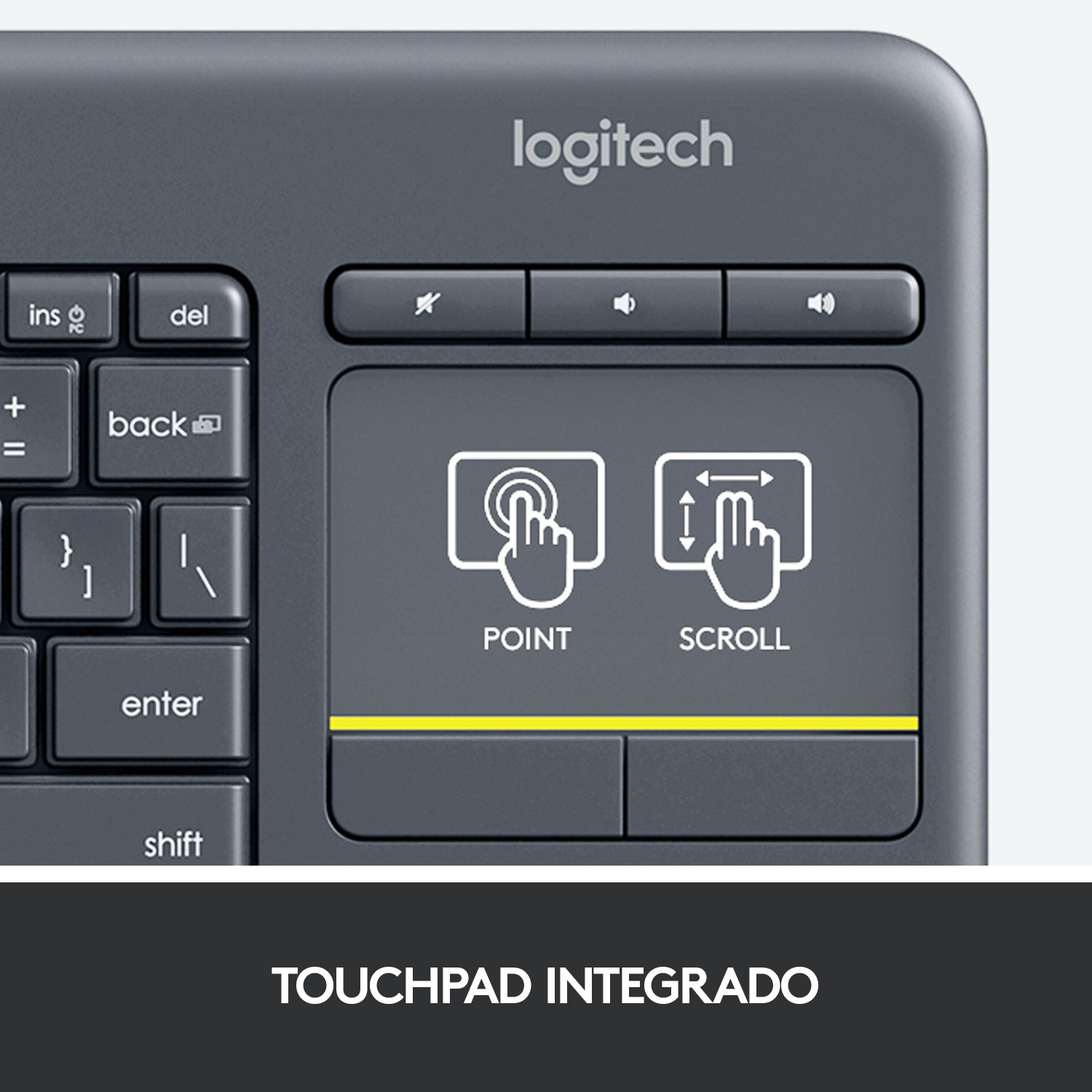 Teclado Logitech con panel táctil y botones de control. La palabra 'touchpad integrado' se muestra abajo.