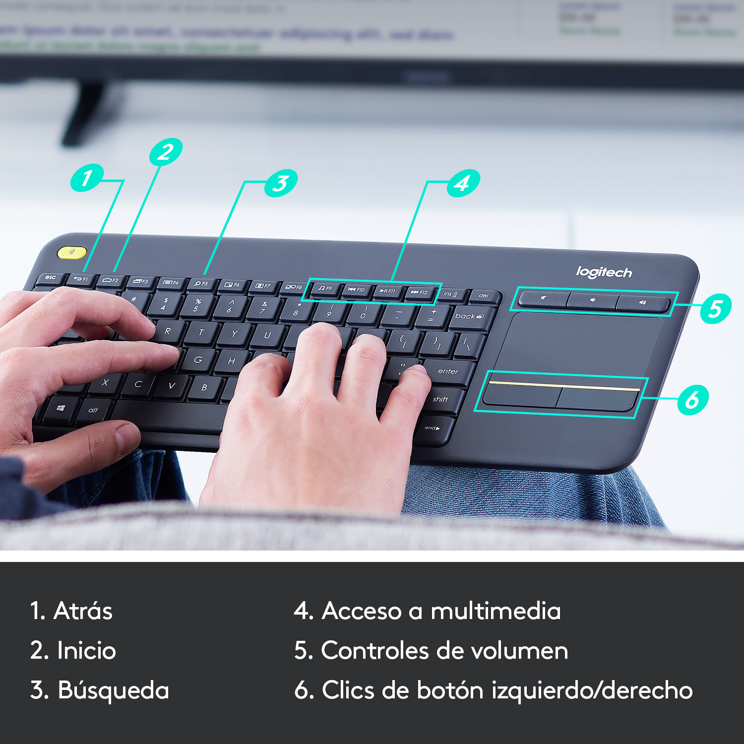 Una persona usa un teclado Logitech con varias teclas etiquetadas, incluyendo atrás, inicio, búsqueda y controles de volumen.