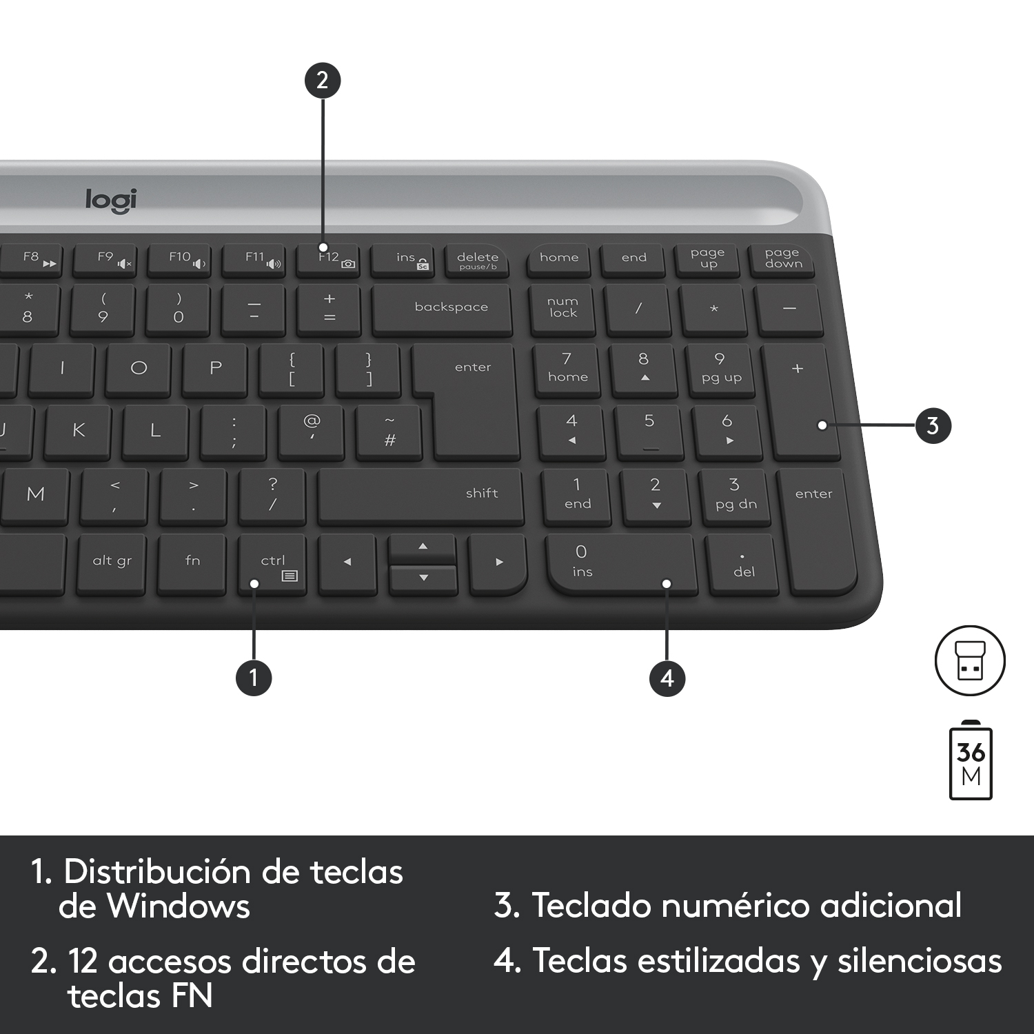 Teclado Logitech con teclas Windows. Se indican el teclado numérico y 12 teclas de función.