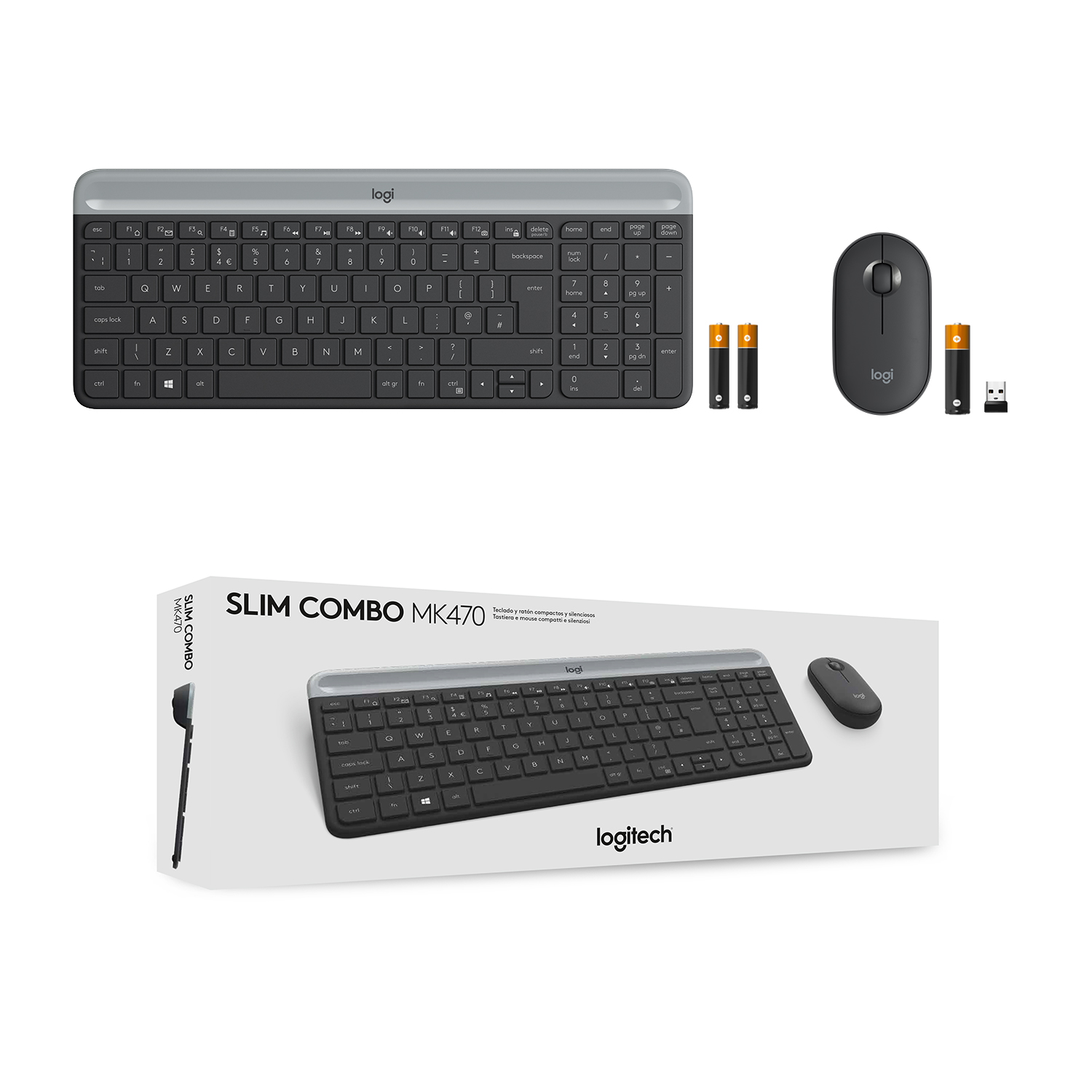 Teclado, ratón y baterías en una caja, fondo blanco.