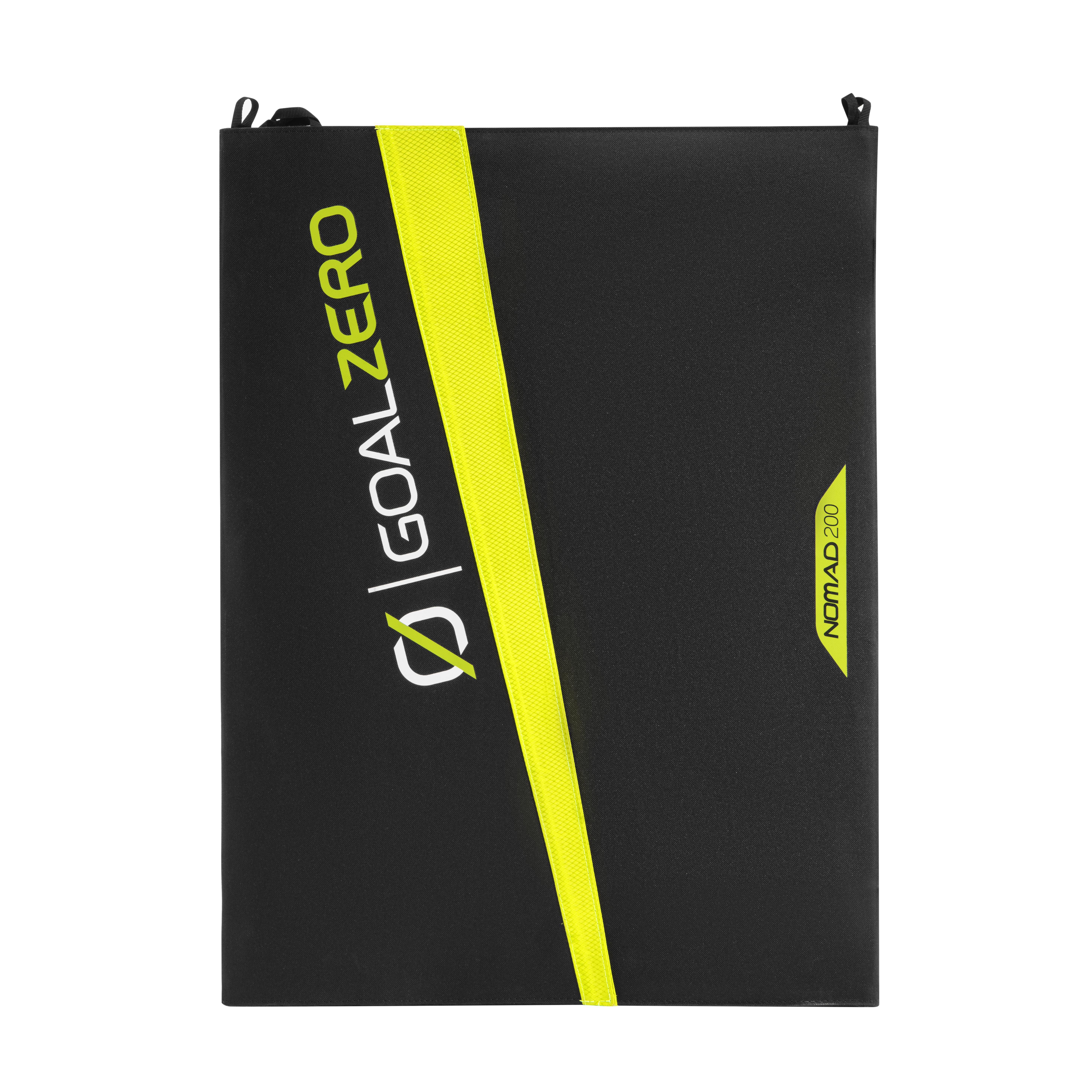 Schwarzes und gelbes Goal Zero Nomad 200 Solarpanel liegt auf einer weißen Oberfläche.
